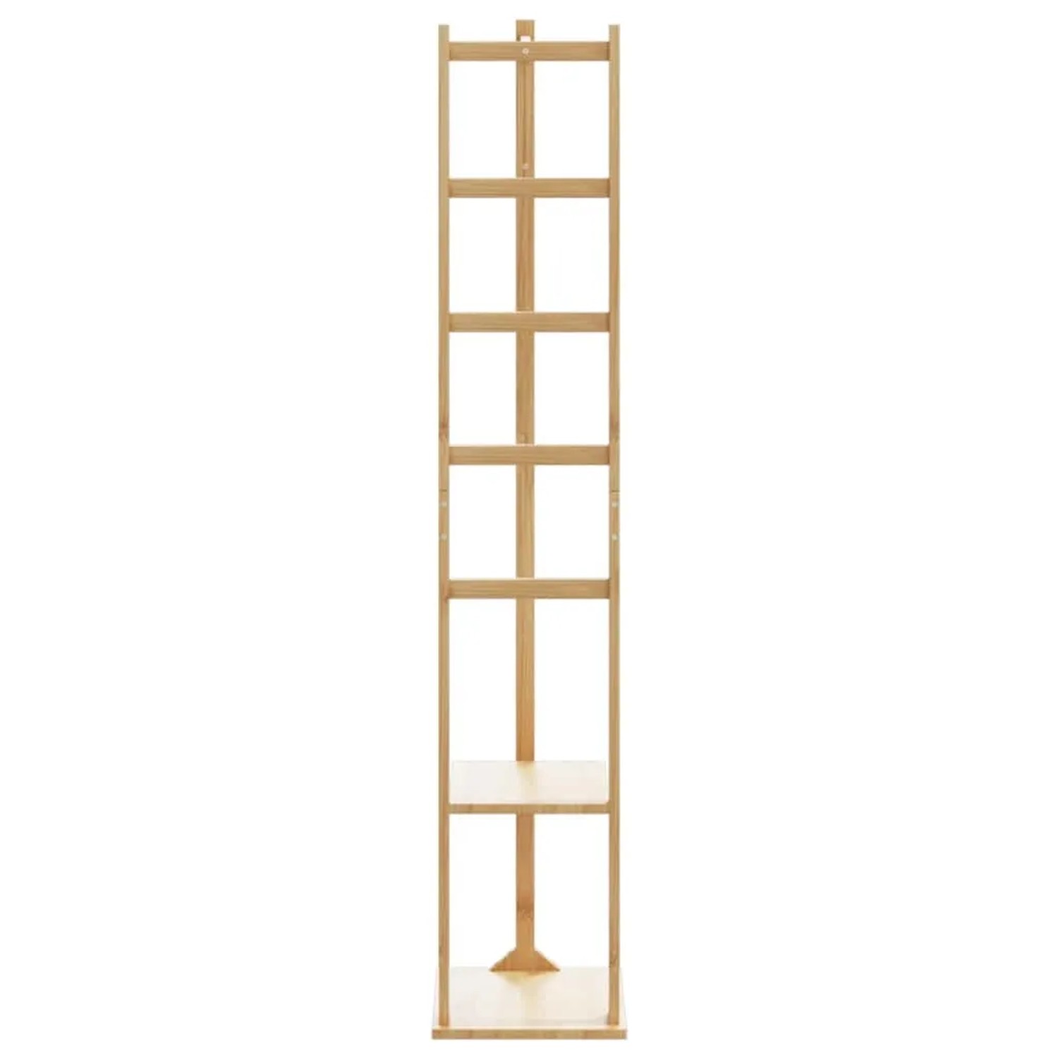 Schlanker Kleiderständer aus hellem Bambus mit Kleiderstange, zwei Ablagen und einem Haken. Ideal für Garderobe.