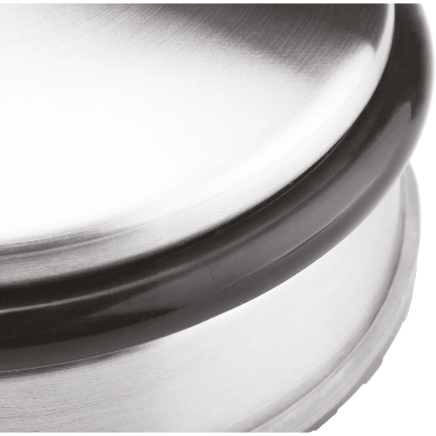 Flacher Türstopper aus Edelstahl, Ø 100 mm, mit schwarzem Gummiring.