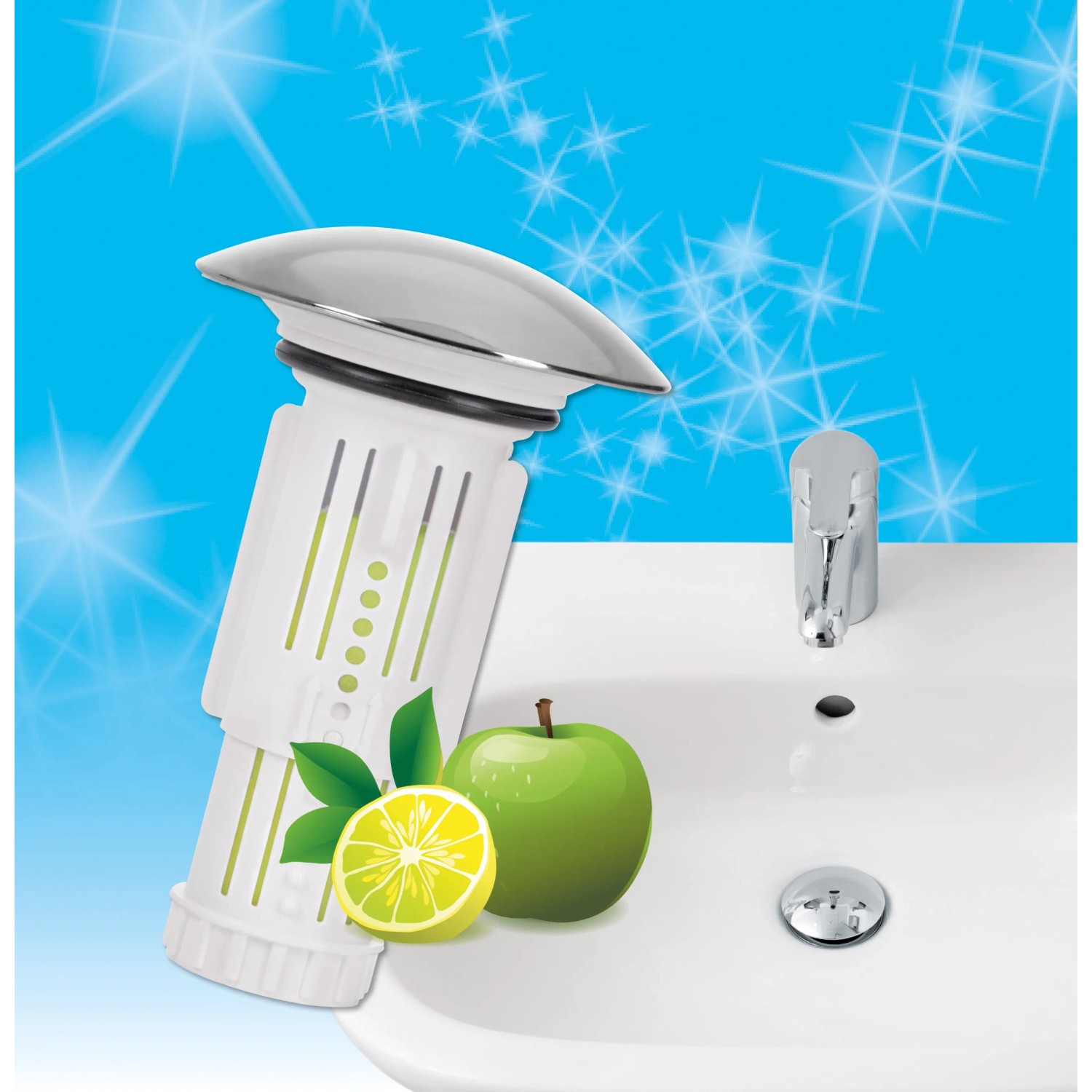 Abfluss-Fee Waschbeckenstöpsel Weiß-Chrom mit Apfel-Zitrone Duft im Waschbecken.