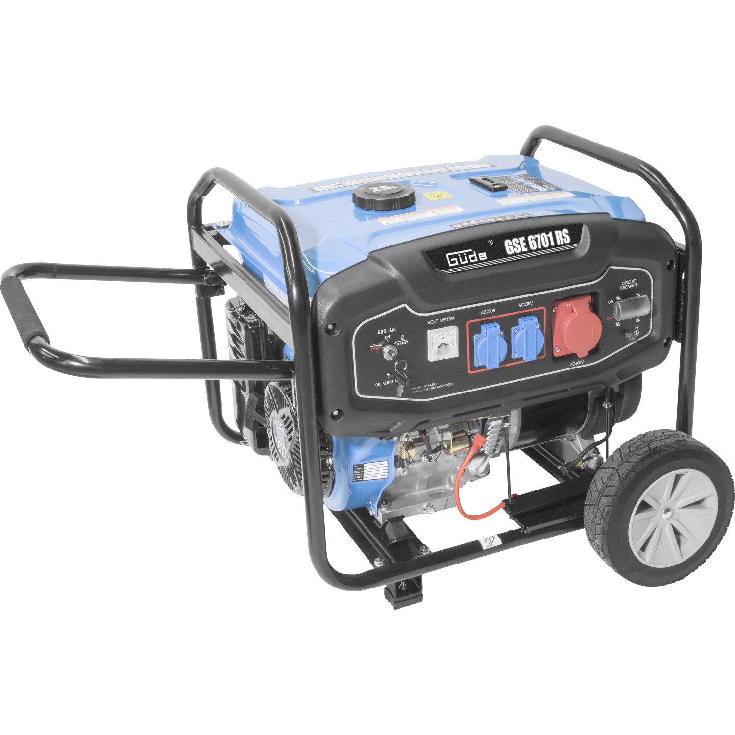 Güde Stromerzeuger GSE 6701 RS Benzin, 9.6kW, mit 2x 230V und 1x 400V Anschlüssen.