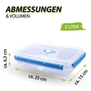Bestlivings Frischhaltebox 2 Liter mit blauem Deckel und Trenner, Abmessungen sind dargestellt.