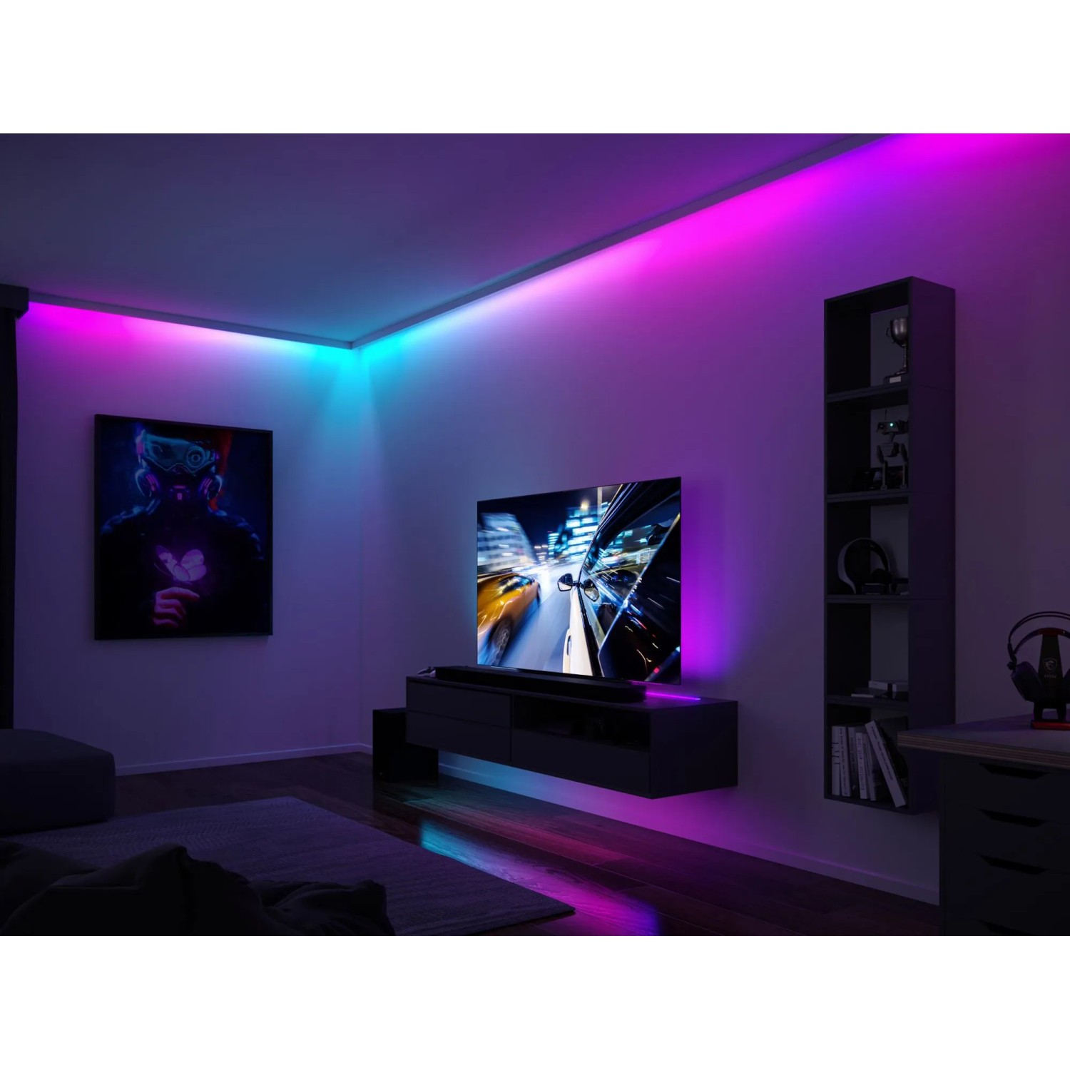Paulmann LED-Strip EntertainLED Set, 3 m, RGB-Mischweiß, als Stimmungslicht im Wohnzimmer.