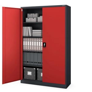 Jan Nowak Metall-Büroschrank JAN II, anthrazit-rot, mit geöffneter Tür und Ordnern.