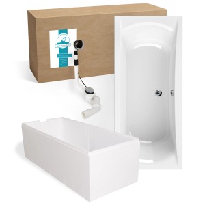 Calmwaters Rechteckwanne 180x80cm Set mit Wannenträger und Ablaufgarnitur.