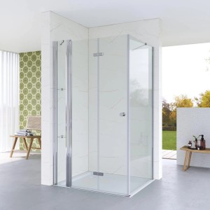 Aquabatos Eckdusche mit Falttür, 5mm Echtglas und Chromprofilen. Klare Duschkabine mit Seitenwand für ein helles Bad.