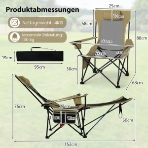 Khakifarbener Costway Campingstuhl mit abnehmbarer Fußablage, verstellbarer Rückenlehne. Maße, Seitentasche, Getränkehalter.
