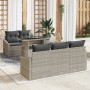 Hellgraues 6-tlg. vidaXL Garten-Sofa-Set aus Polyrattan mit Tisch und grauen Kissen.