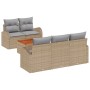 Beige-hellgraues 6-tlg. vidaXL Garten-Sofa-Set aus Rattan mit Akazienholztisch und grauen Kissen.
