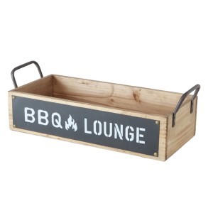 Rechteckiges Boltze Tablett Conny aus Holz und Metall mit Aufschrift BBQ Lounge.