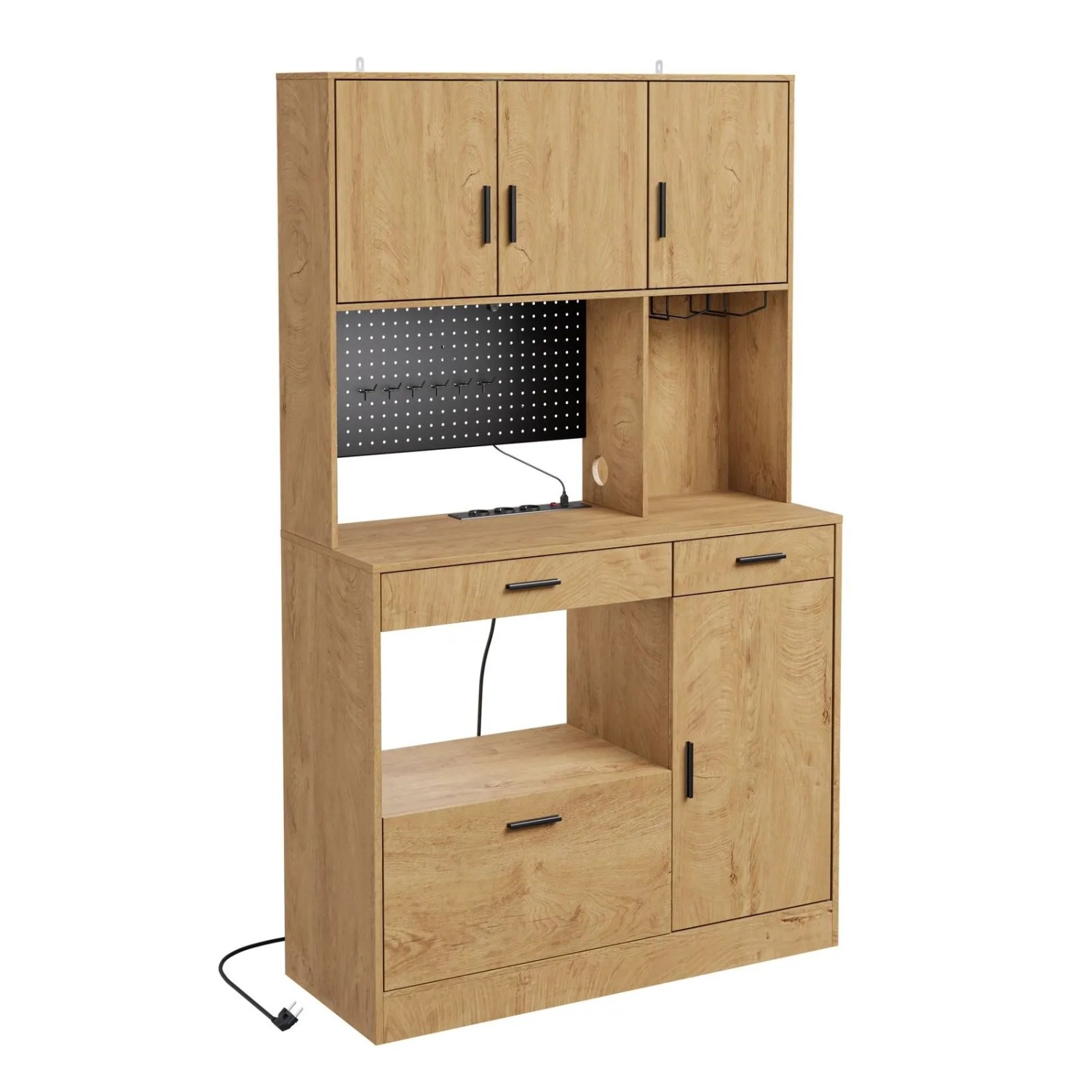 SoBuy Küchenschrank mit 3 Steckdosen und Dualmodus-LED Buffetschrank mit Lochwand 100x170x40 cm Natur FSB98-L-E-N