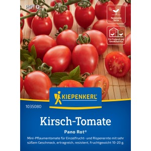 Kiepenkerl Kirschtomate Pano Rot F1-Hybride: Rote, pflaumenförmige Tomaten auf der Samenkornpackung.