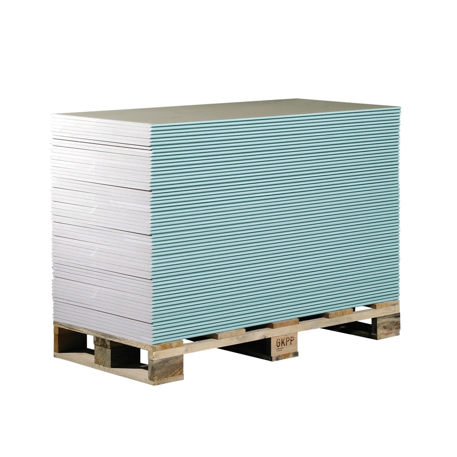Stapel imprägnierter Gipskarton Miniboards 12,5 mm x 600 mm x 1200 mm auf Palette.