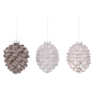 Dekorativer Baumbehang: Ornament Kieferzapfen in Champagner, Weiß und Silber, 10 x Ø 7 cm.