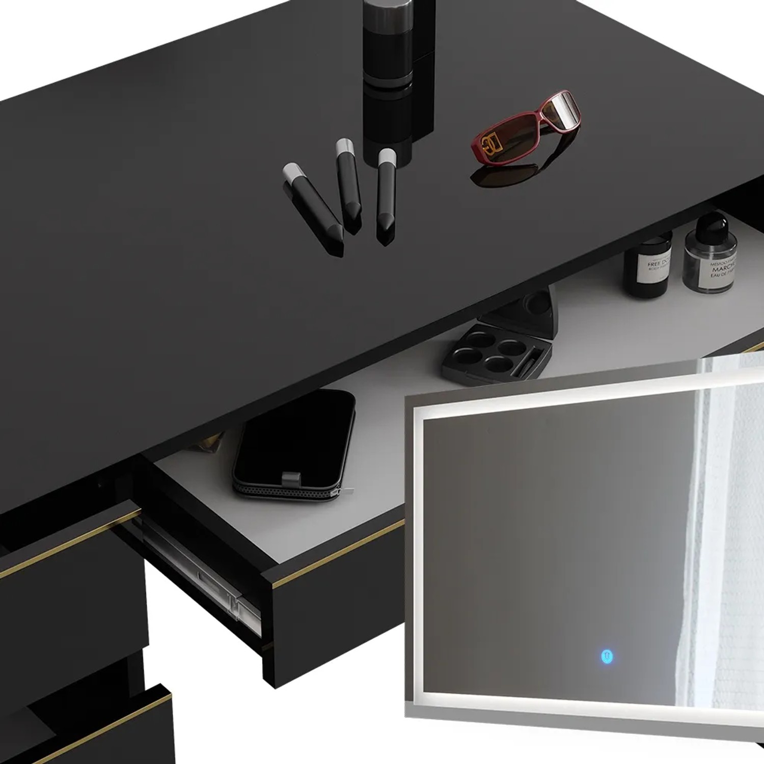 Vicco Schminktisch Sherry Schwarz/Gold mit LED-Spiegel, Hocker und Schubladen.