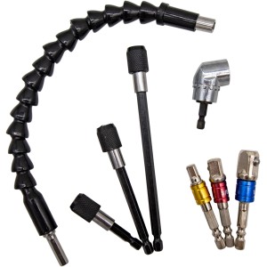 Steuber Universal-Bohreraufsatzset mit flexibler Verlängerung, Winkelaufsatz und magnetischem Bithalter.