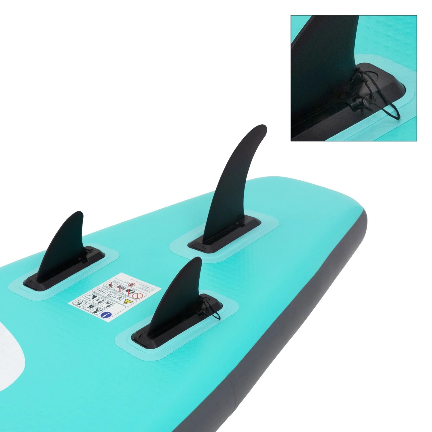 Detailaufnahme: Türkisfarbenes ECD Germany Stand Up Paddle Board mit drei schwarzen Finnen.