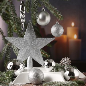 Silbernes Christbaumkugeln Set mit Stern Baumspitze, bruchfest, 33-teilig.