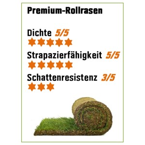 Premium Rollrasen: Rolle und verlegtes Stück mit Bewertung der Eigenschaften.