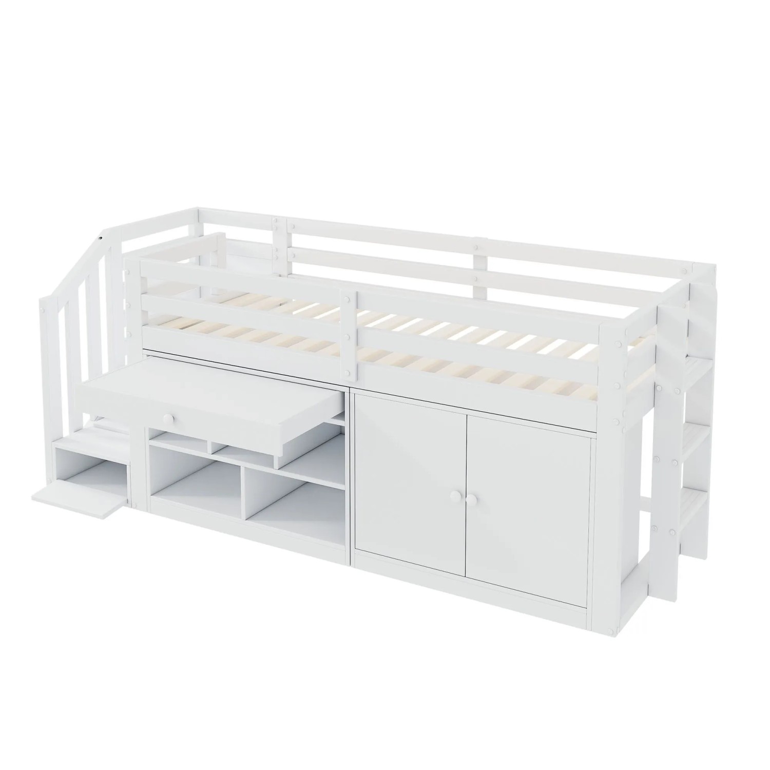 okwish Kinderbett 90x200cm mit Treppe Schrank Schubladen und Schreibtisch Weiß ohne Matratze