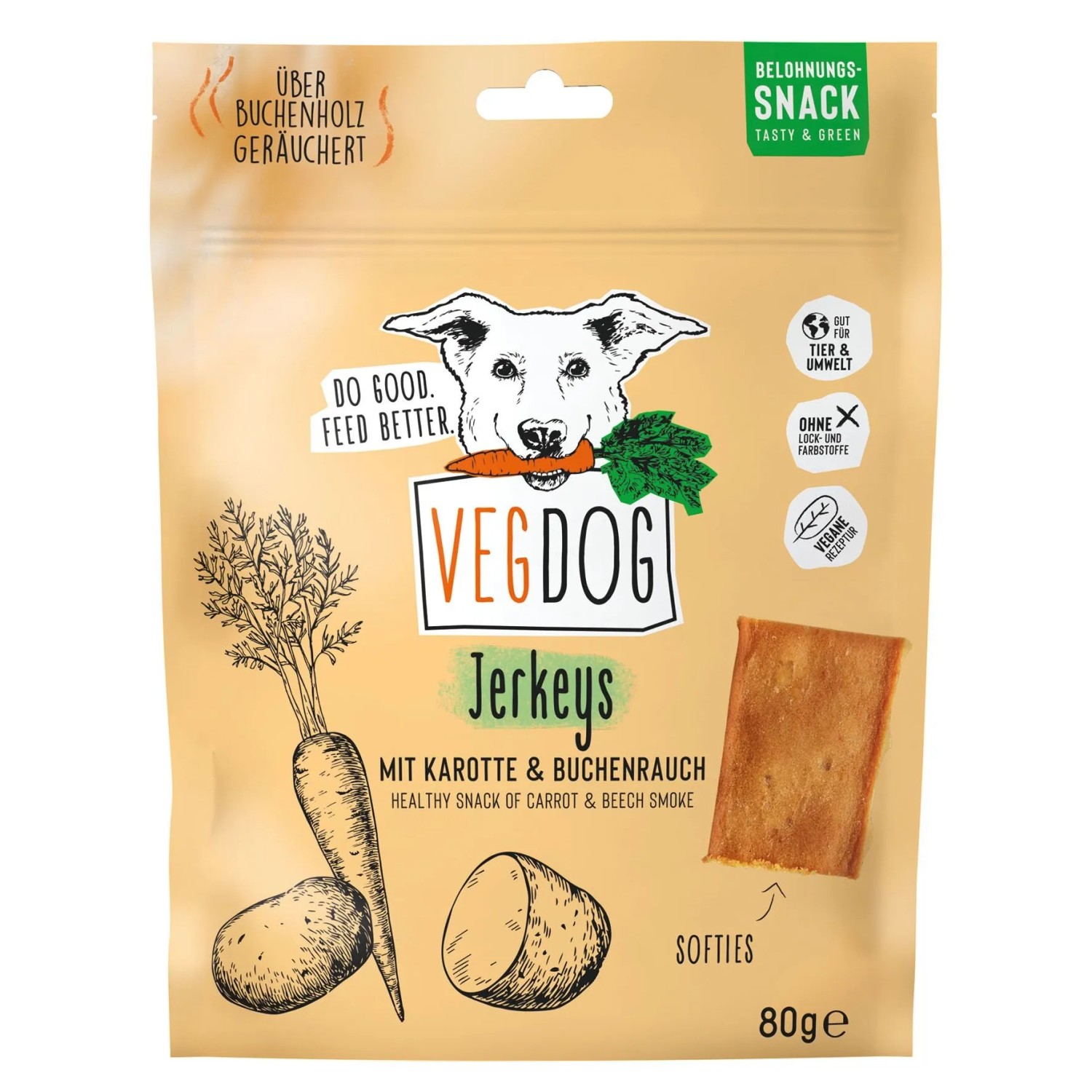 VegDog Hunde-Snack Jerkeys mit Karotte und Buchenrauch 80 g