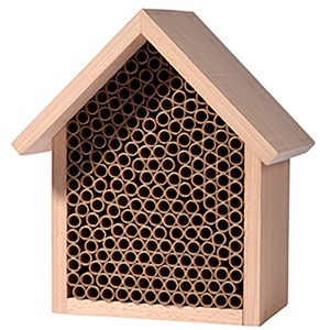 Bienhaus Komfort aus Holz, 20x11x22 cm, mit Papphülsen gefüllt, Nisthilfe für Insekten.