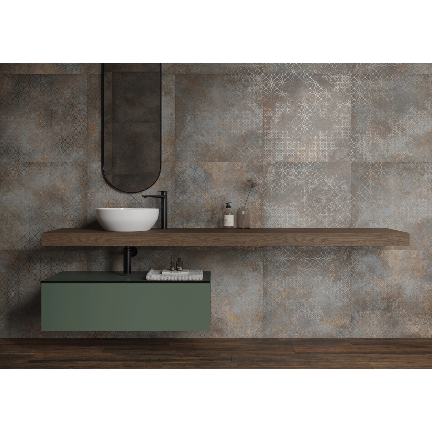 Cersanit Dekorfliese Color Vibe Carpet, Multicolor, 59,8x119,8 cm, im Badezimmer mit Waschbecken und Spiegel.