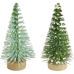 Zwei grüne, beschneite Kunststoff-Dekobäumchen (5cm) auf Holzsockel als Weihnachtsdekoration.