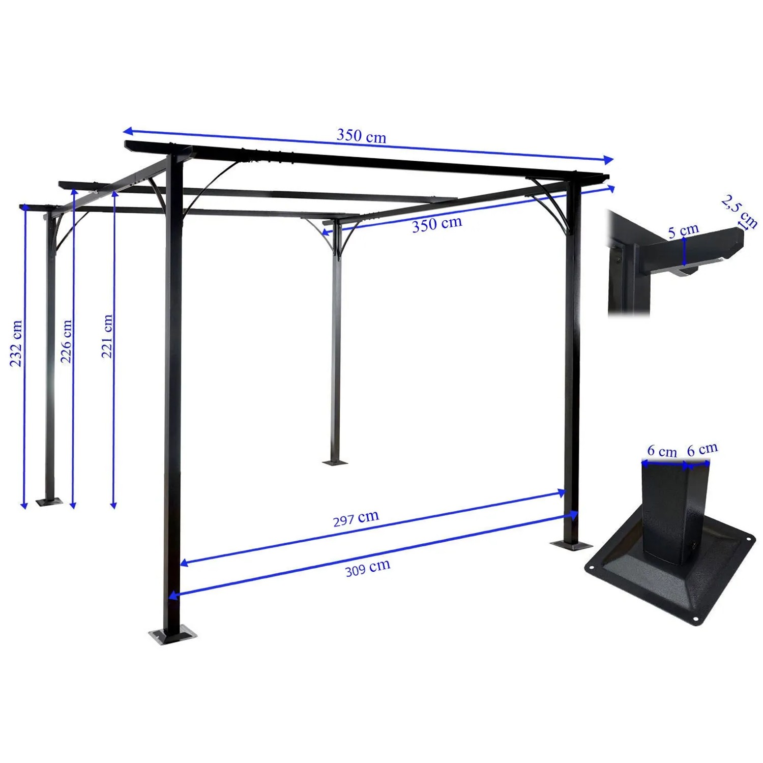 Graue MCW Pergola C42 3,5x3,5m mit Maßangaben für Terrassenüberdachung.