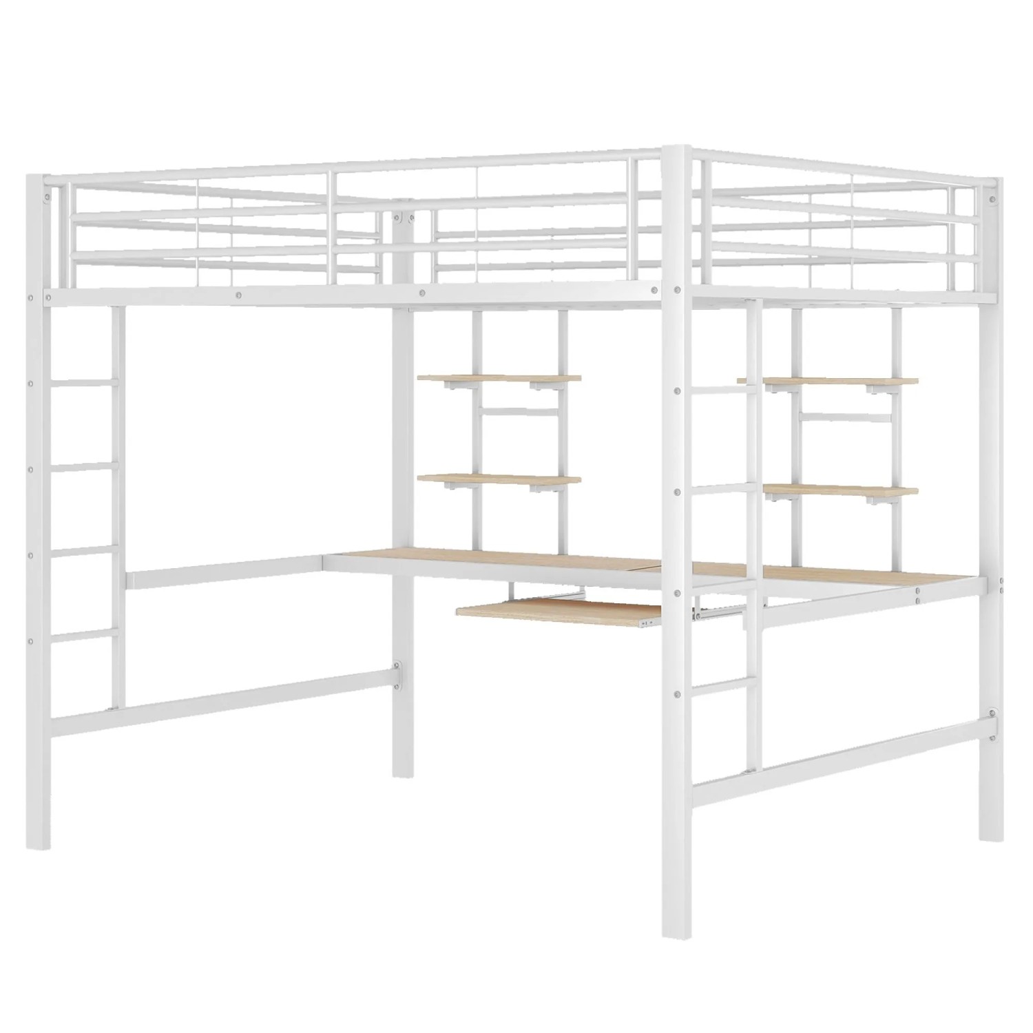 okwish Hochbett 140×200 Eisenbett mit Schreibtisch und Zwei Bücherregalen ohne Matratze