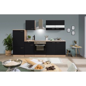 Respekta Küchenzeile KB270ESSC in Schwarz und Eiche Sägerau Nachbildung, 270 cm breit.