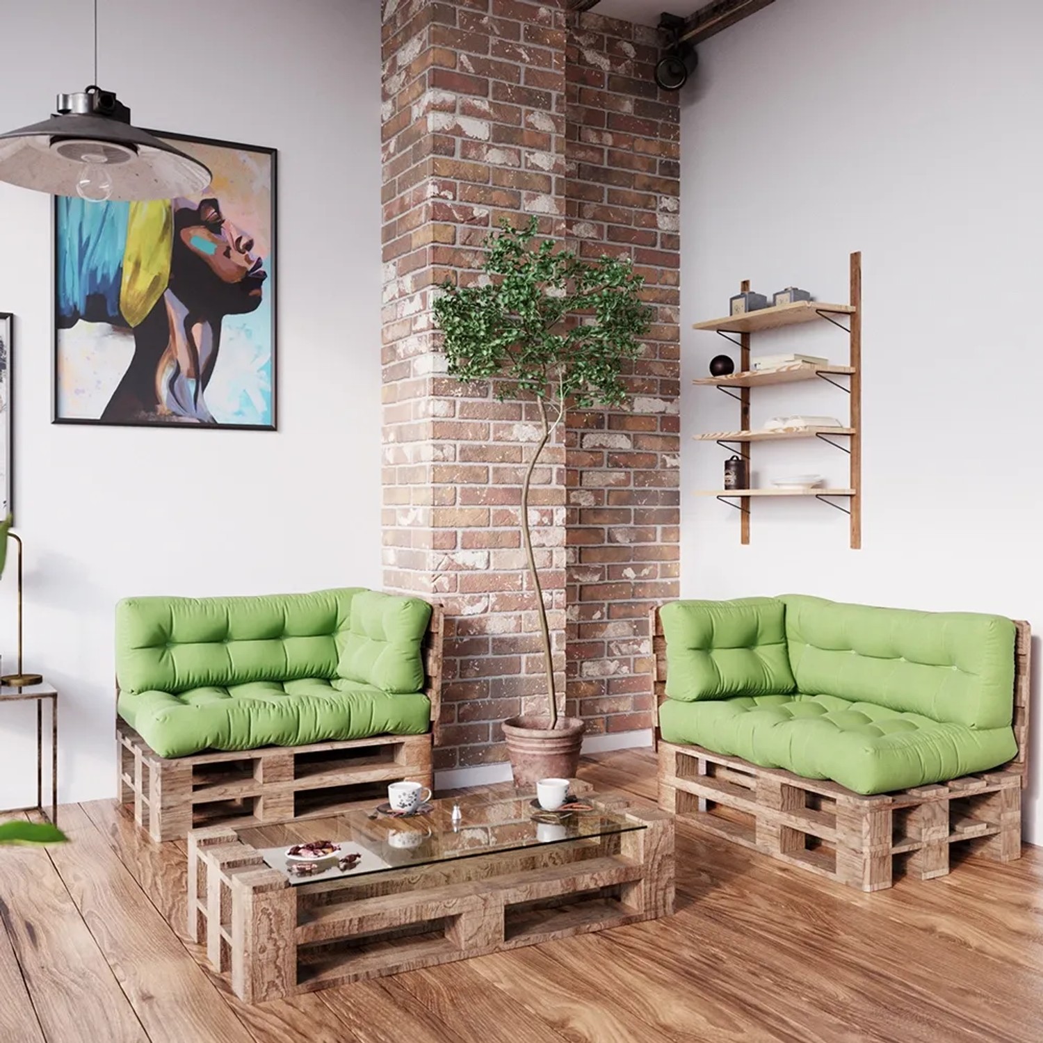 Vicco Palettenkissen Set Grün, 3-teilig, auf Palettenmöbeln im Wohnzimmer.