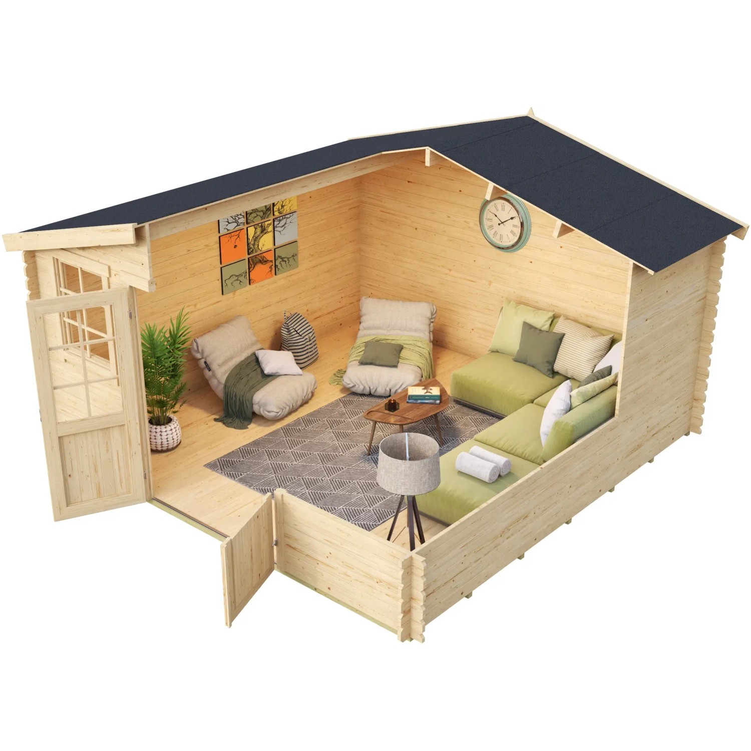 Lasita Holz-Gartenhaus Wels 4, naturbelassen, mit Inneneinrichtung als Beispiel