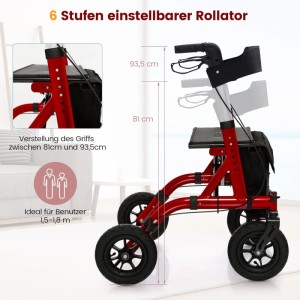 Costway Rollator mit Luftbereifung Faltbar mit Sitz Bis 136 kg Rot