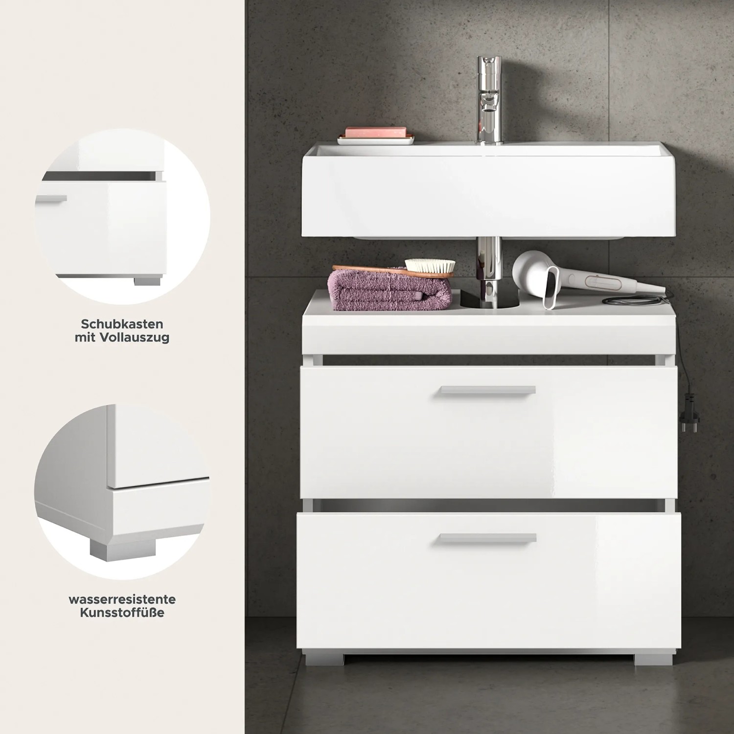 Waschbeckenunterschrank, 60cm, Weiß Hochglanz mit zwei Schubladen für Bad & Gäste-WC.