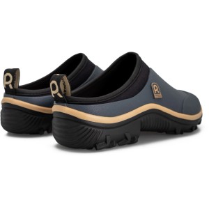 Robuste Rouchette Clog Trial Open Gartenschuhe in Anthrazit, offen, mit schwarzer Sohle und beigem Rand.