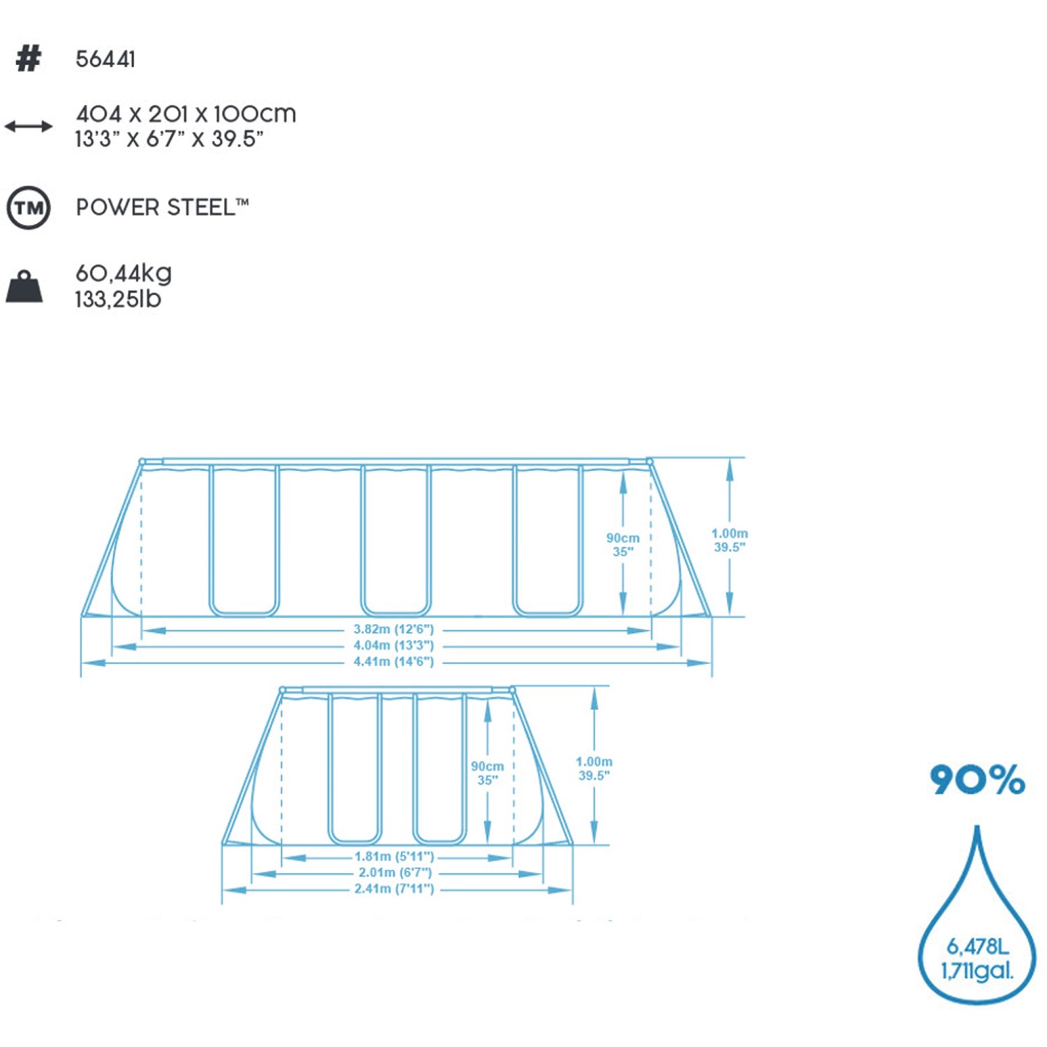 Technische Zeichnung Bestway Stahlrahmenpool-Set Power Steel, 404x201x100cm, Abmessungen und Füllmenge.