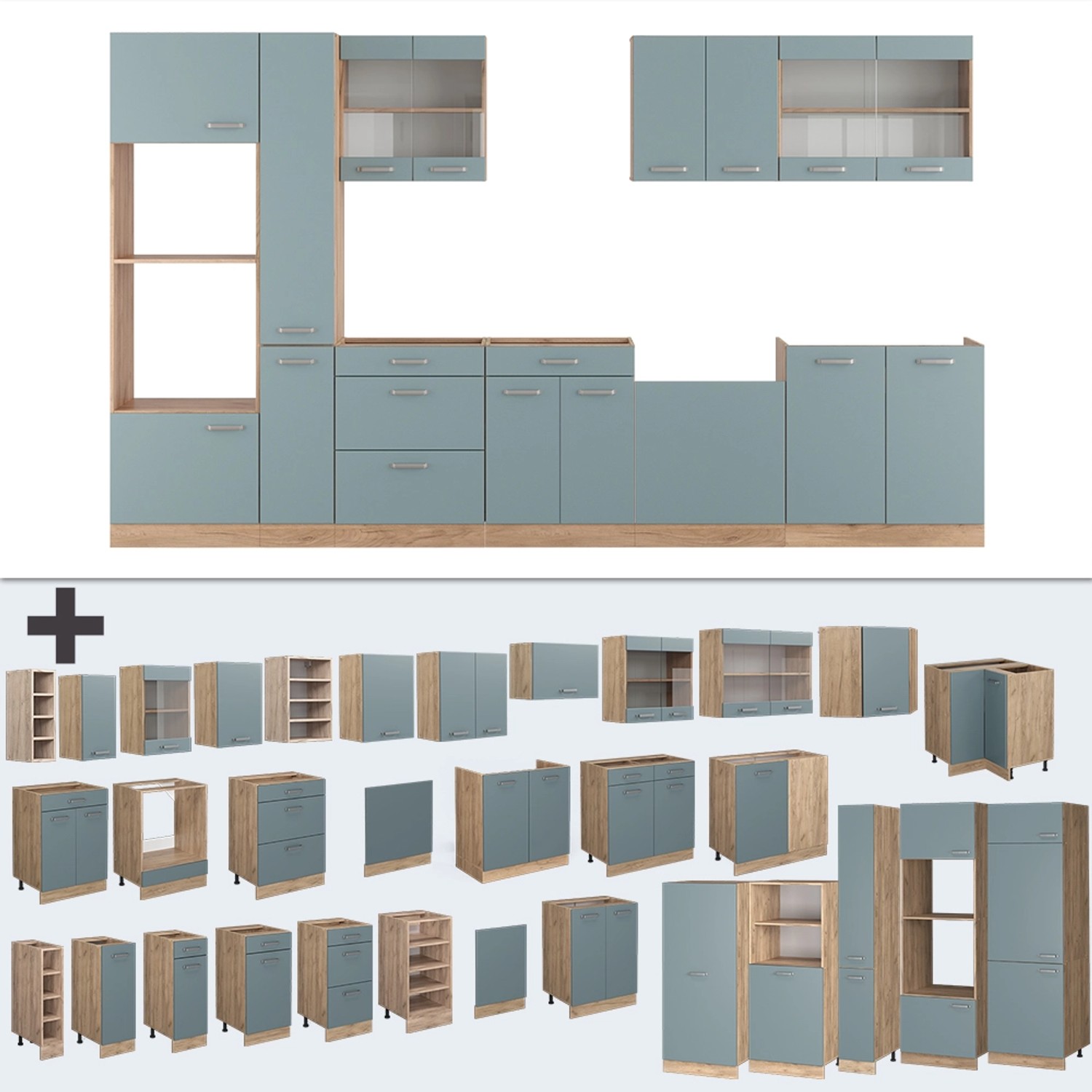 Vicco R-Line Küchenzeile 350cm in Blau-Grau/Goldkraft Eiche mit Hochschrank. Modulare Einbauküche.