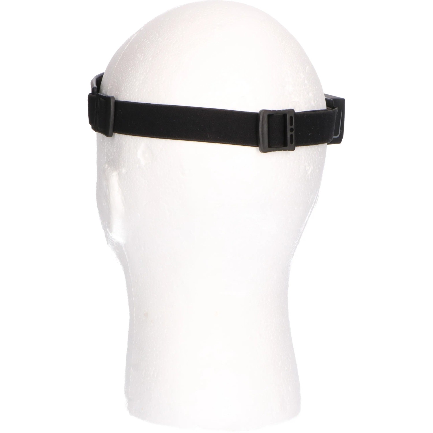 Rückansicht: LED's Work Akku-Stirnlampe mit schwarzem, verstellbarem Band auf Styroporkopf.