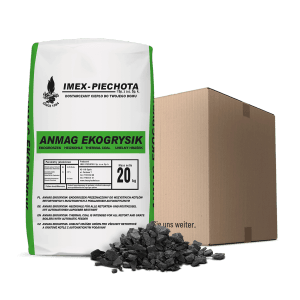 Anmag Steinkohle 5-15 mm, 20 kg Sack mit Kohle und Karton, Brennstoff für Öfen und Heizungen.