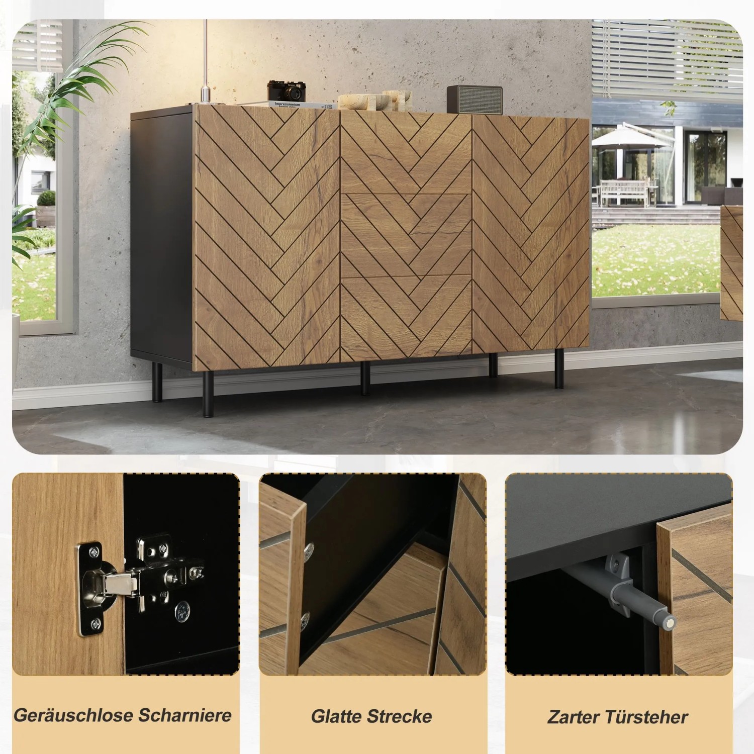 Modernes Sideboard 120x76 cm in Holzoptik mit Fischgrätmuster, schwarzem Rahmen, 3 Schubladen, 2 Türen für Wohnzimmer.