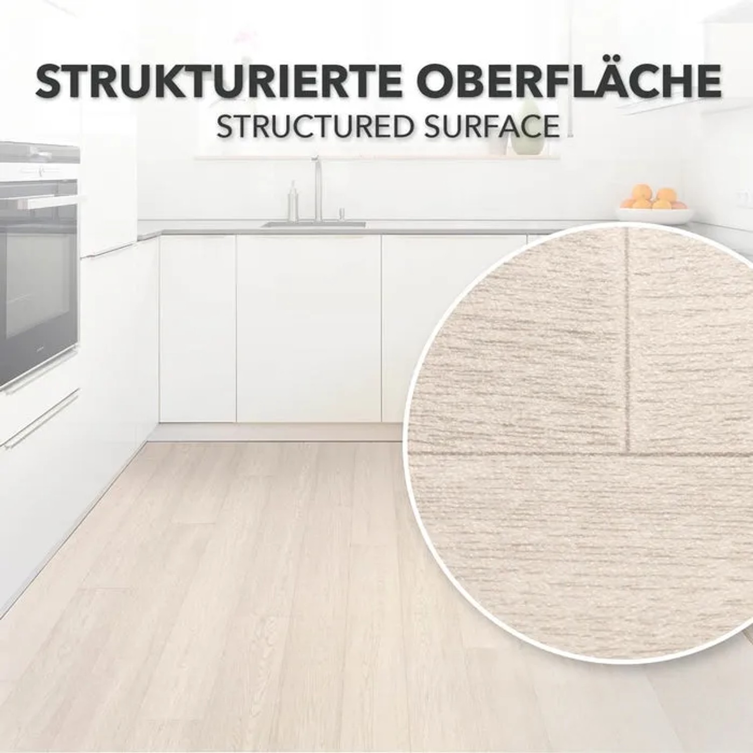 Karat CV Bodenbelag Atlantic Pure Oak, PVC Boden in Holzoptik im Küchenbereich.
