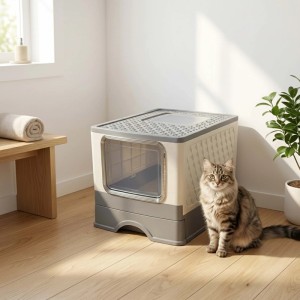 Geschlossene Katzentoilette aus weiß-grauem Kunststoff mit transparenter Tür und oberer Gitteröffnung. Eine Katze sitzt daneben.