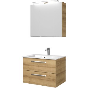 Pelipal Badmöbel-Set Trentino in Riviera Eiche mit Waschbecken, Unterschrank und Spiegelschrank.