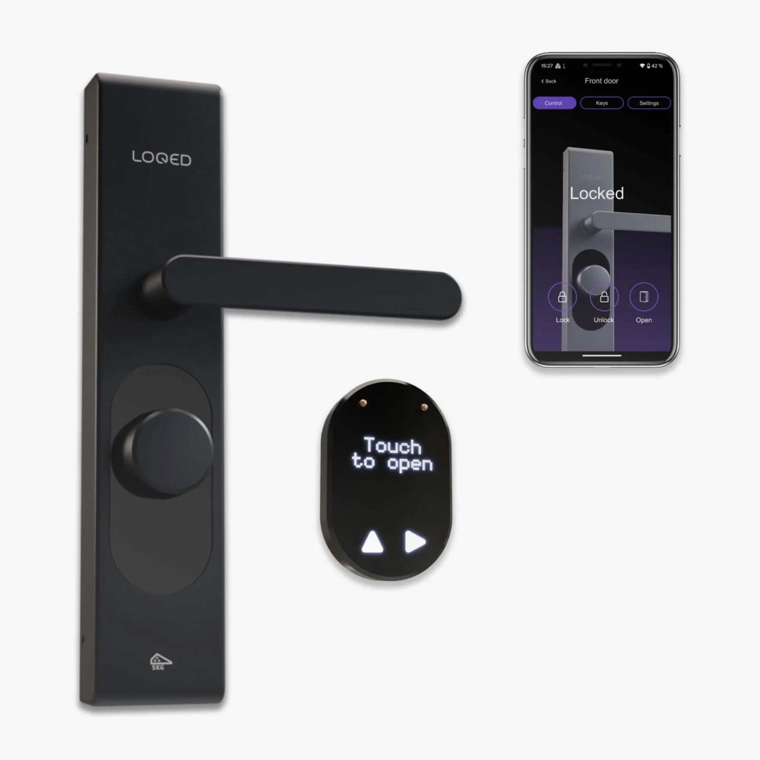 Schwarzes LOQED Smartes-Berührungsschloss mit App-Steuerung für Hausautomation.