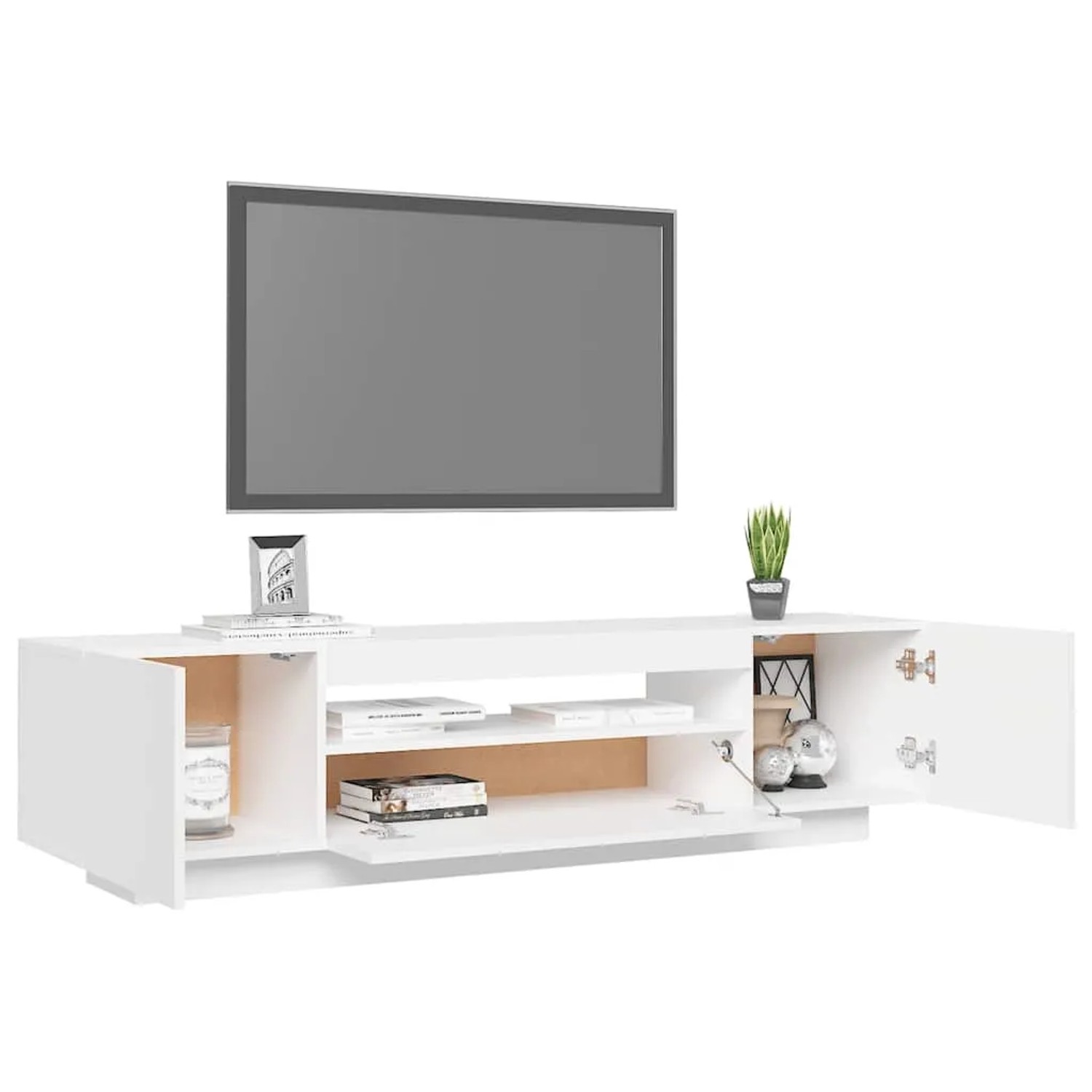 Weißer TV-Schrank mit LED-Beleuchtung, 160 cm breit, mit offenen und geschlossenen Fächern.