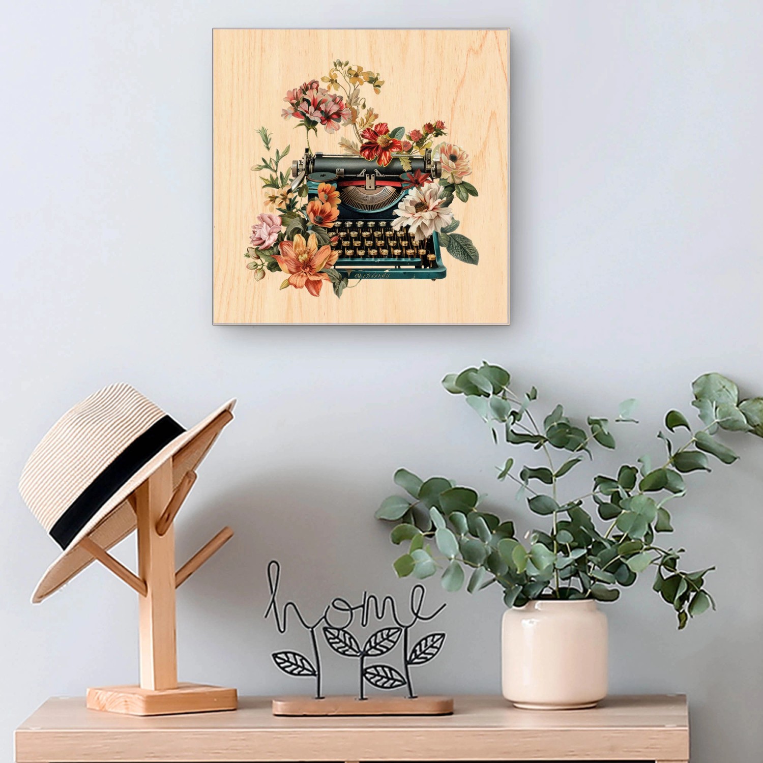 Banjado Schlüsselkasten mit Blumige Schreibmaschine Motiv, 30x30cm, 50 Haken, Holz/Metall, Schwarz.