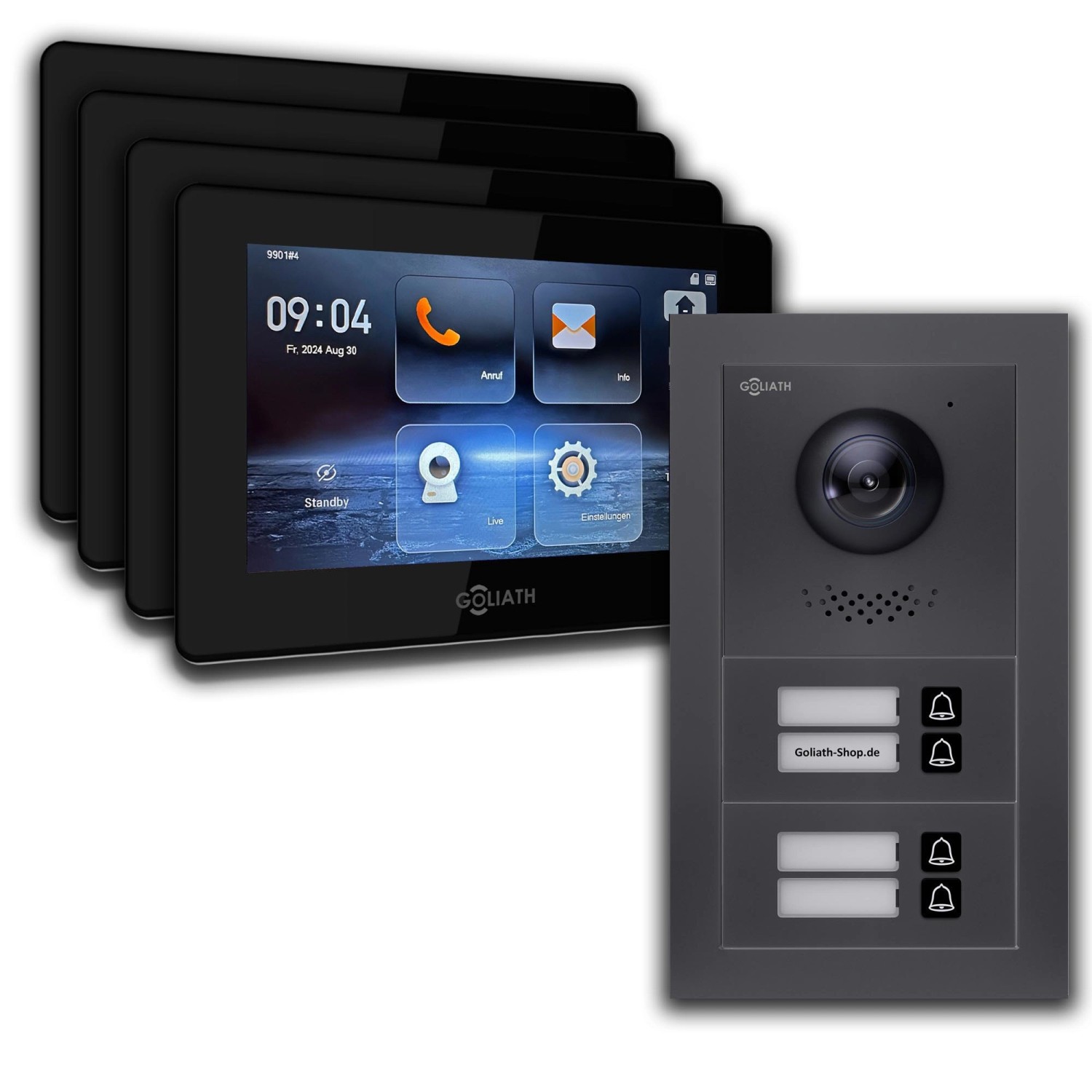 Thumbnail - Goliath 2 Draht BUS Video Türklingel 4 Familienhaus 7 Zoll Schwarz App Anthrazit Unterputz