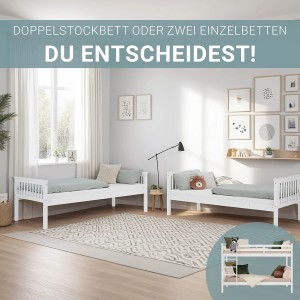 Homestyle4u Etagenbett/Einzelbetten, weißes Kinderbett 90x200 cm mit Matratzen und Lattenrosten.
