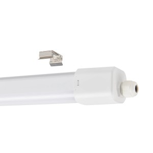 Weiße Eglo LED-Feuchtraumleuchte Slim, 110,5 cm, mit Sensor und Befestigungsclip.