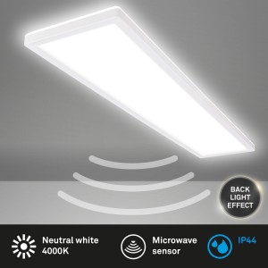 Flache, weiße Briloner LED Deckenleuchte mit Bewegungsmelder und neutralweißem Licht.